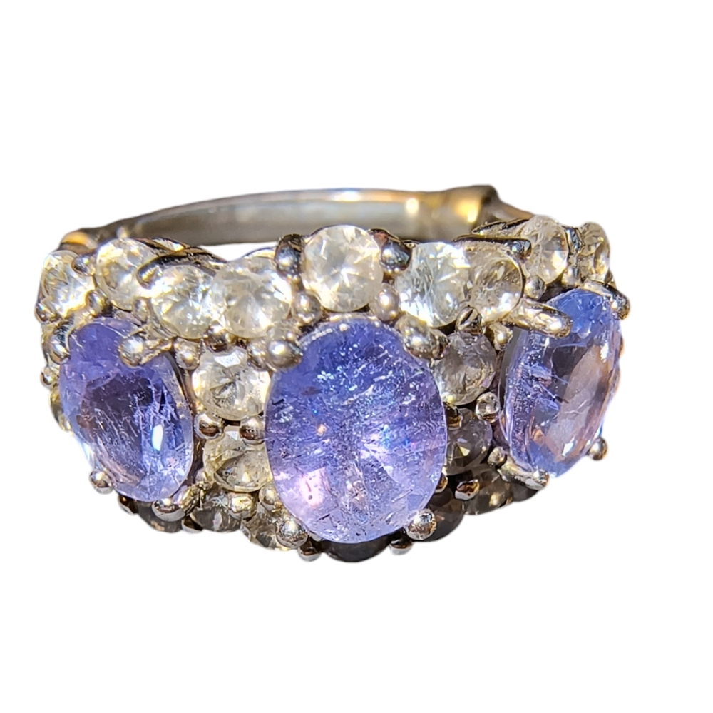 Tanzanite, White Topaz & Sterling Silver 3-Stone Halo Sparkle Ring